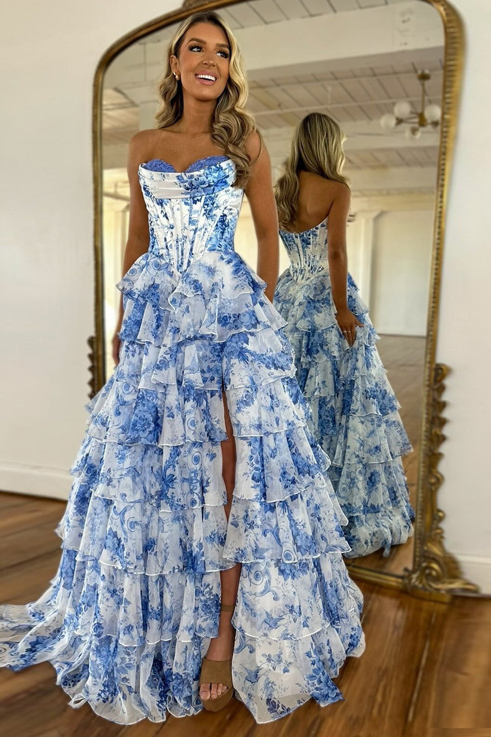 Romantic Pink A-Line Sweetheart Long Print Tulle Prom Dress with Slit