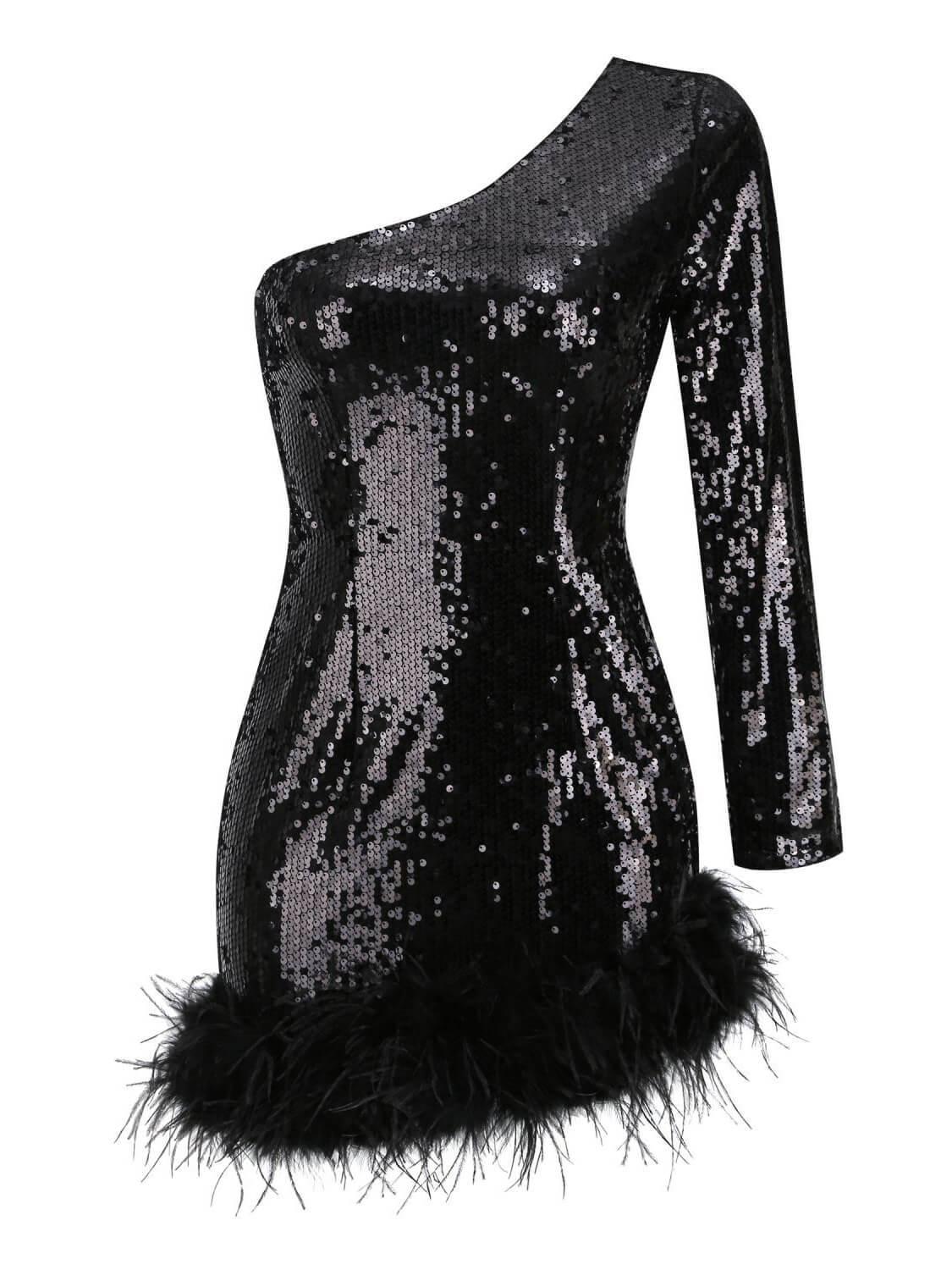 Sequin One Shoulder Long Sleeve Feather Trim Mini Dress