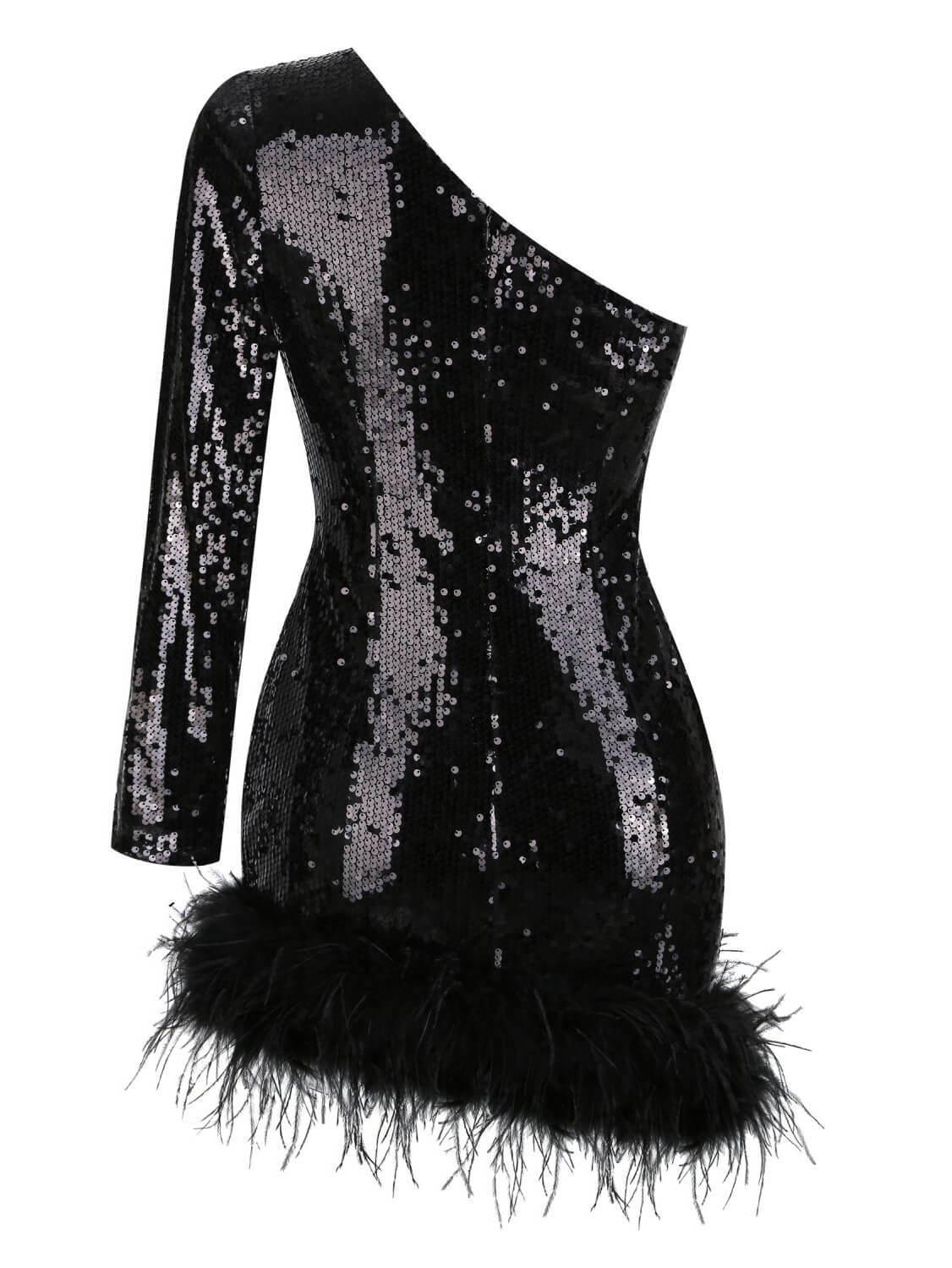 One Shoulder Sequin Feather Long Sleeve Bodycon Mini Dress
