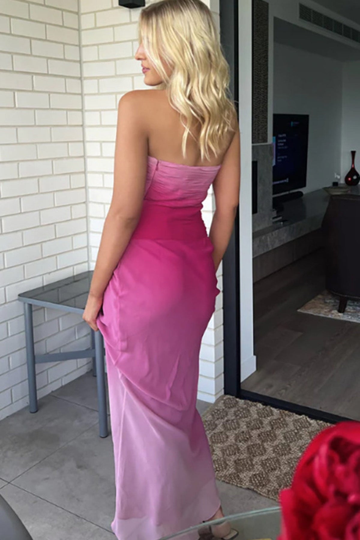 Ombre Strapless Ruched Bodice Mesh Bodycon Maxi Dress 2