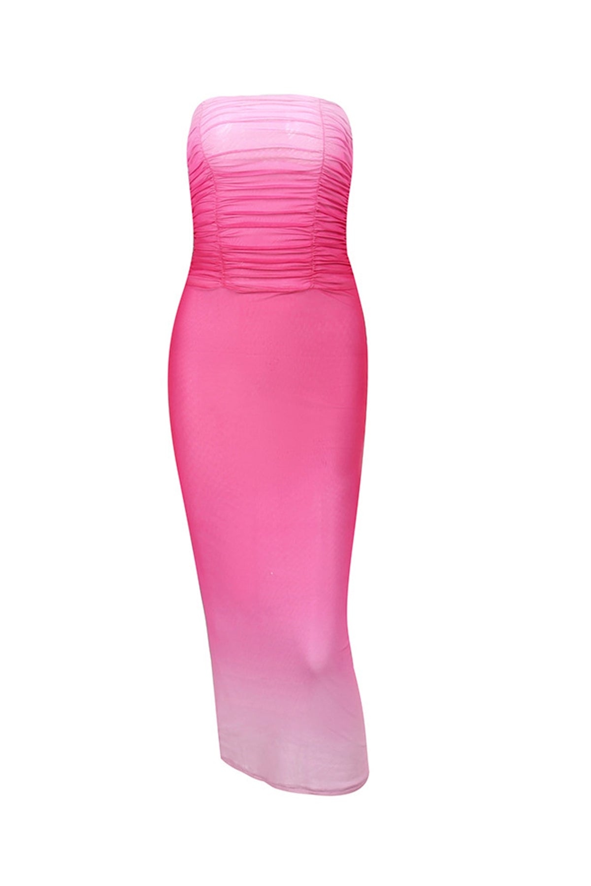 Ombre Strapless Ruched Bodice Mesh Bodycon Maxi Dress 4