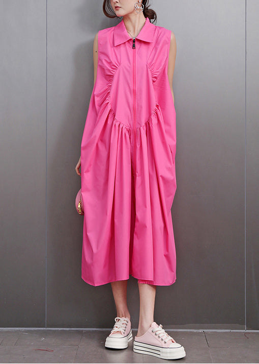 Sleeveless Collar Zip Front Curved Seam Gathered Lantern Midi Dress