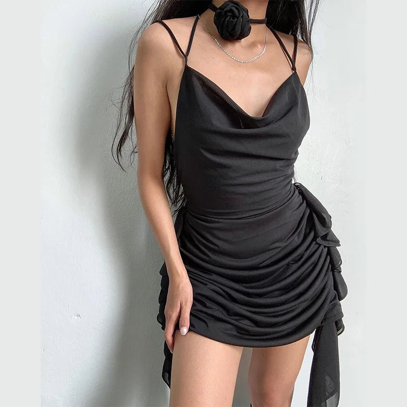 Rose Neck Tie Mini Dress