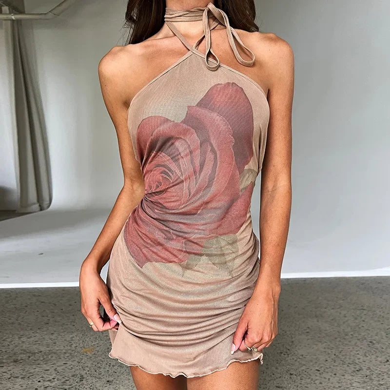 Rose Print Mesh Tie Halter Neck Ruched Lettuce Hem Mini Dress
