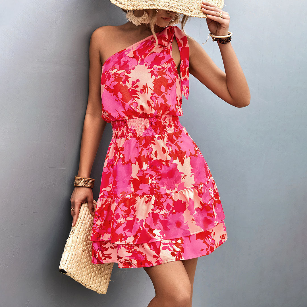 Floral One Shoulder Ruffle Tiered Mini Dress