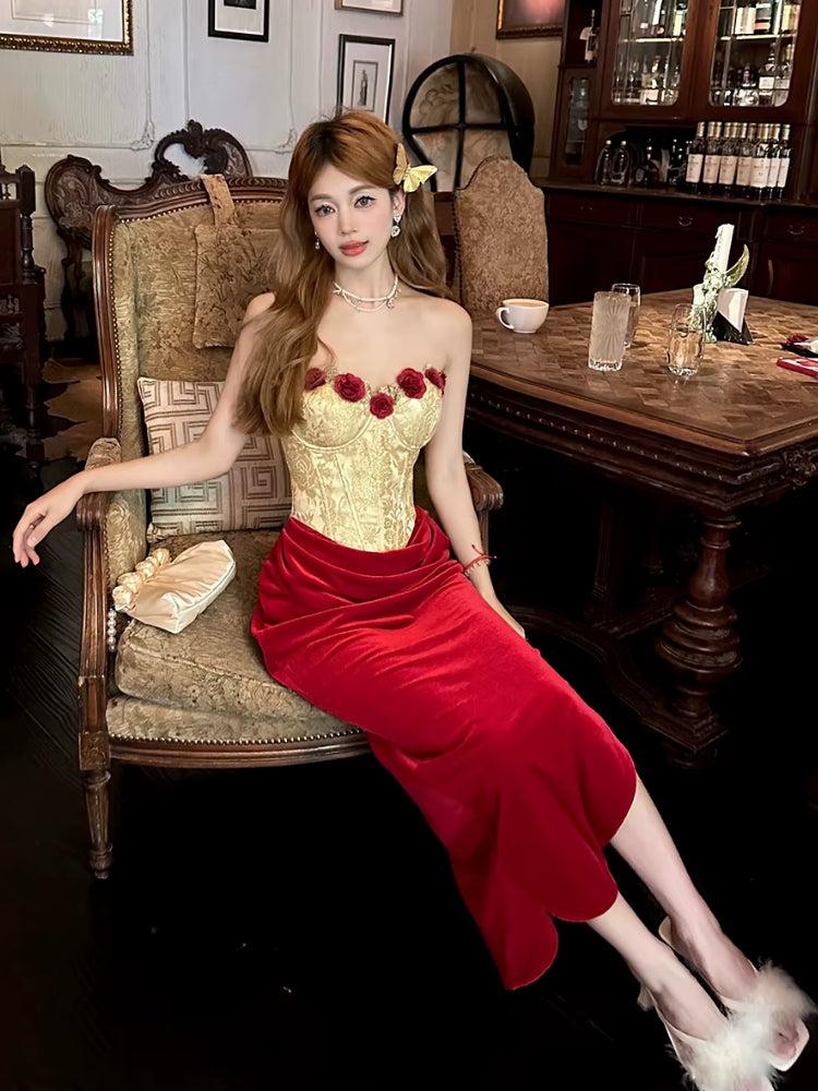 Floral Applique Strapless Corset Velvet Skirt Two Piece Set