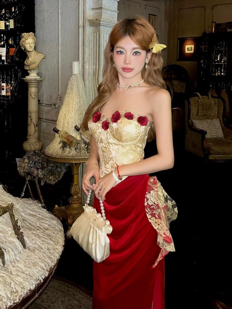 Floral Applique Strapless Corset Velvet Skirt Two Piece Set