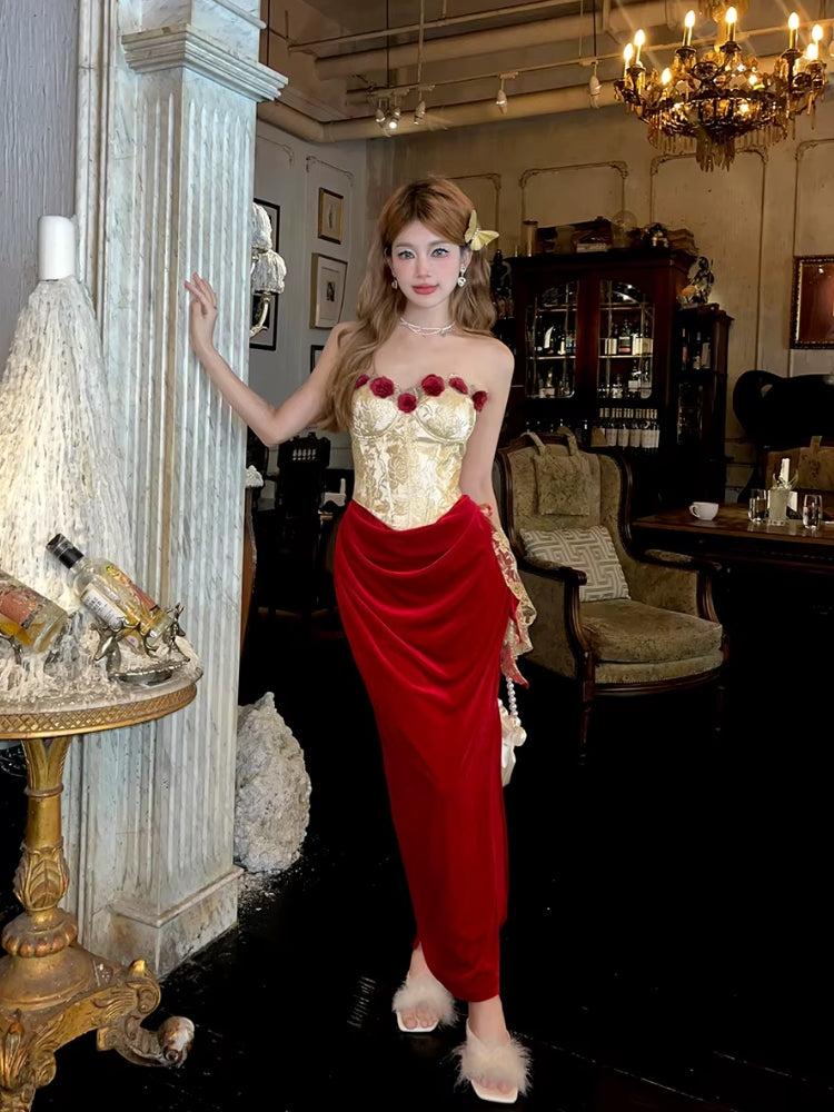Floral Applique Strapless Corset Velvet Skirt Two Piece Set