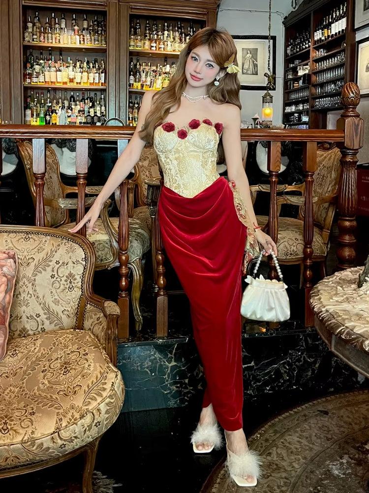 Floral Applique Strapless Corset Velvet Skirt Two Piece Set