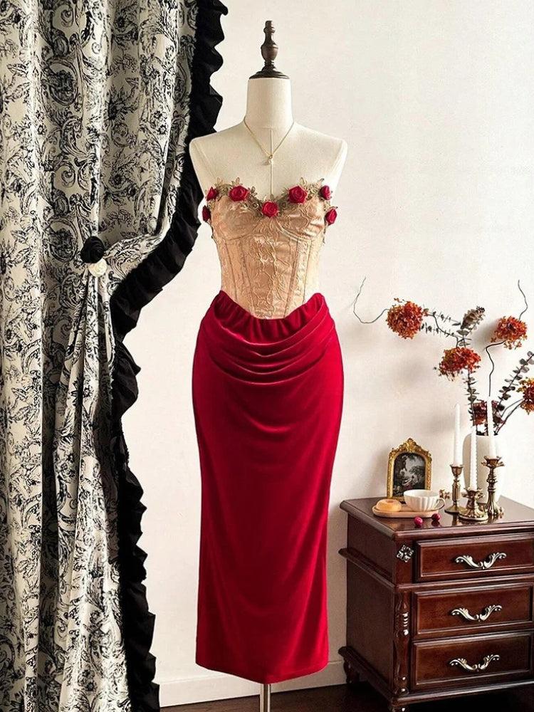 Floral Applique Strapless Corset Velvet Skirt Two Piece Set