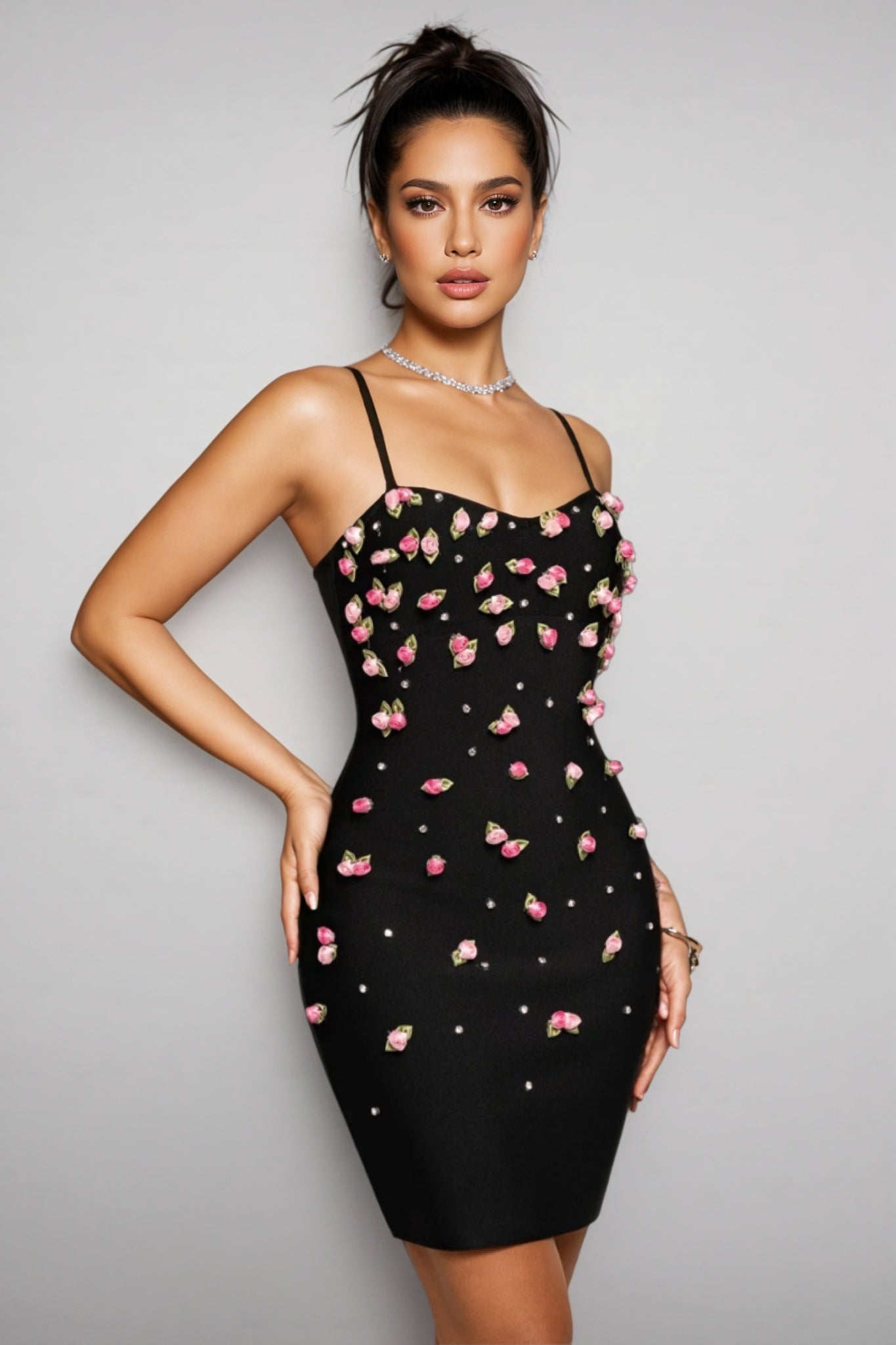Sweetheart Spaghetti Strap 3D Rosebud Rhinestone Bandage Mini Dress