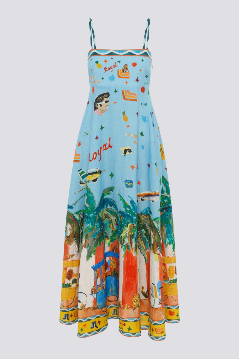 Graphic Tropical Print Spaghetti Strap Square Neck Pocket Maxi Dress