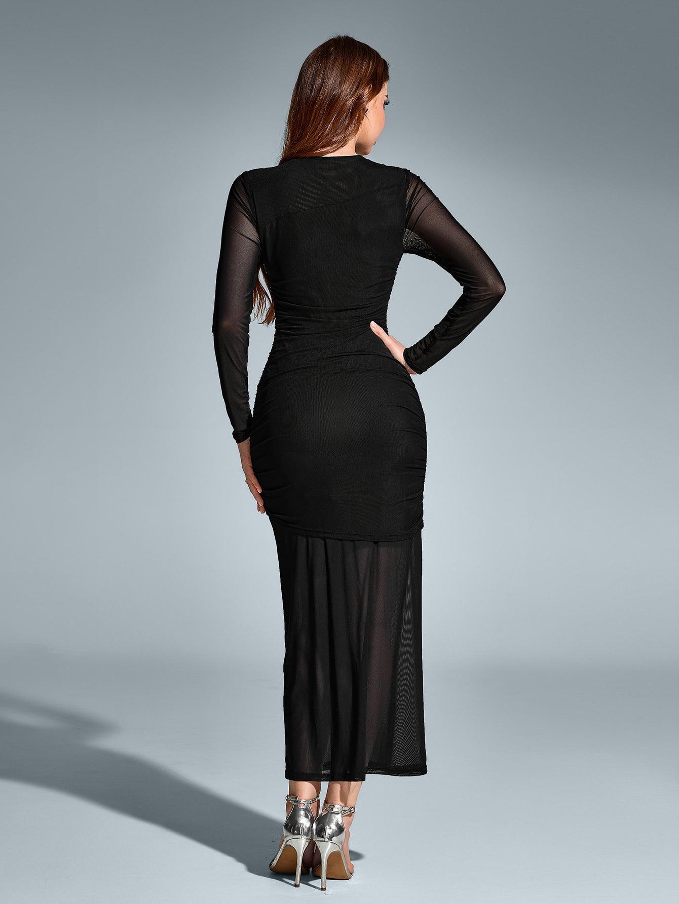 Round Neck Ruched Mesh Bodycon Dress - View 2