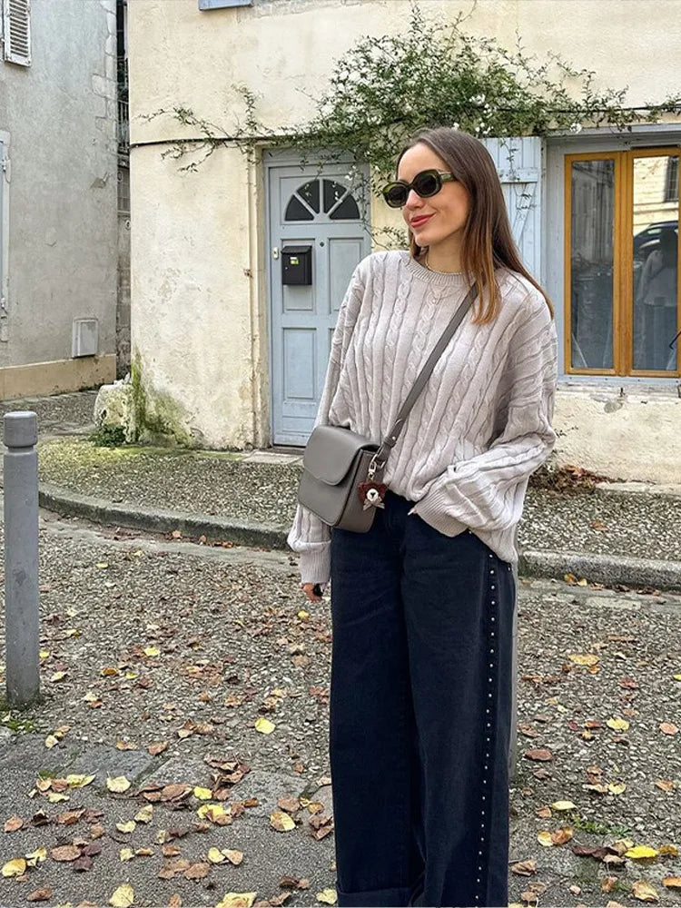 Crew Neck Long Sleeve Cable Knit Relaxed Pullover Sweater