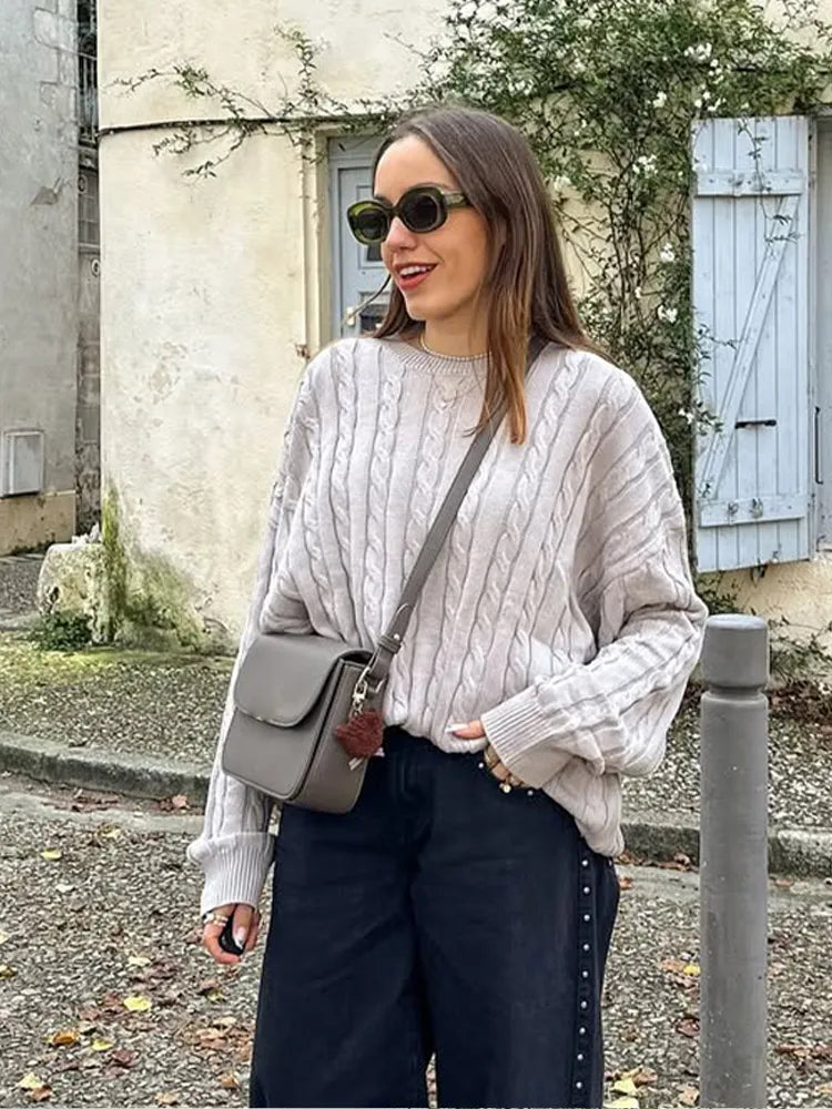 Crew Neck Long Sleeve Cable Knit Relaxed Pullover Sweater 5