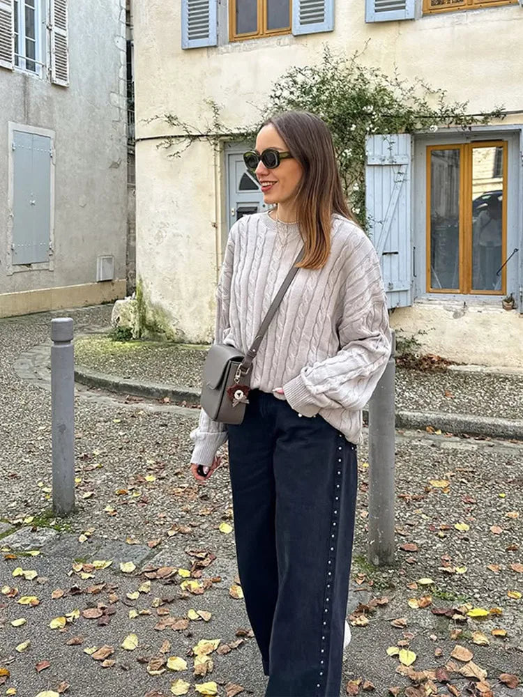 Crew Neck Long Sleeve Cable Knit Relaxed Pullover Sweater 4