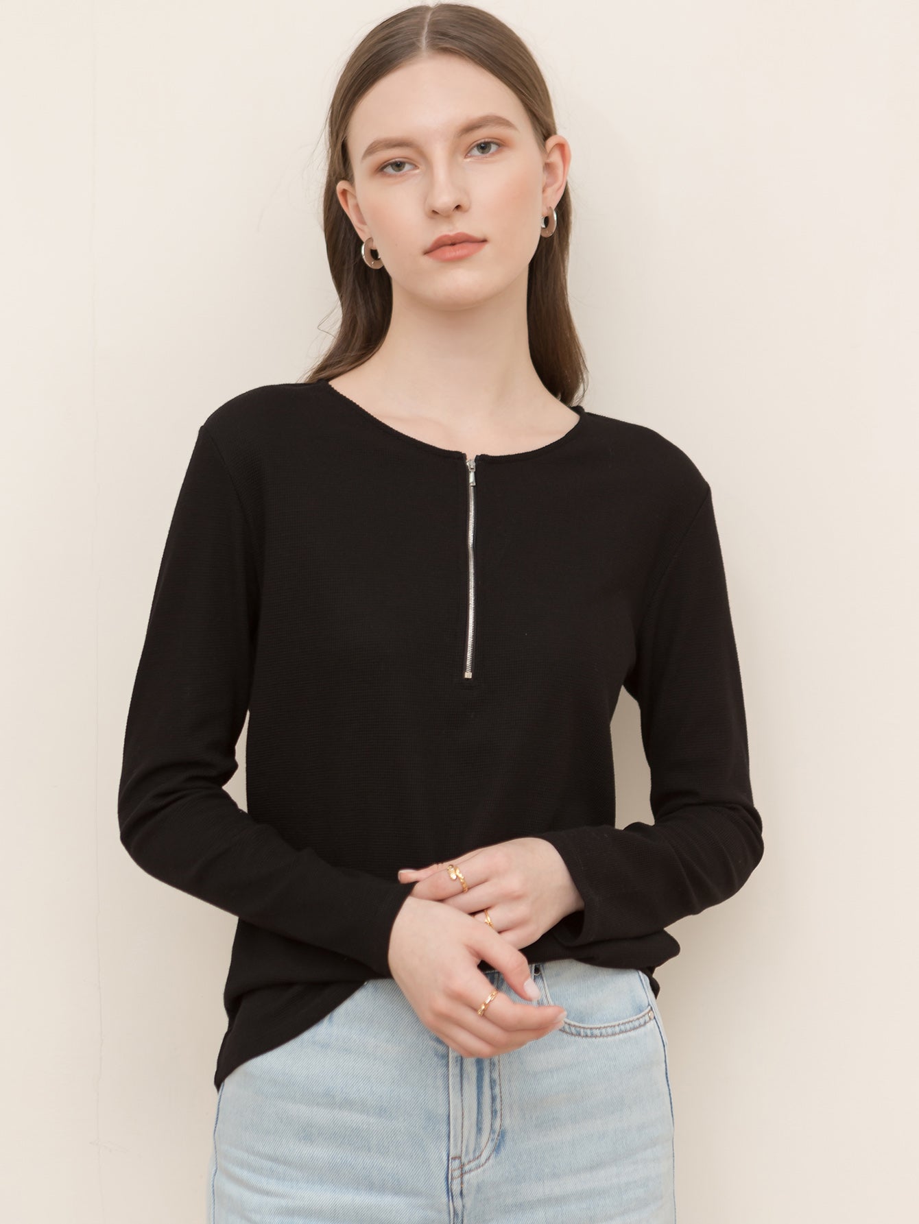 Round neck zipper solid color long-sleeved loose crop top