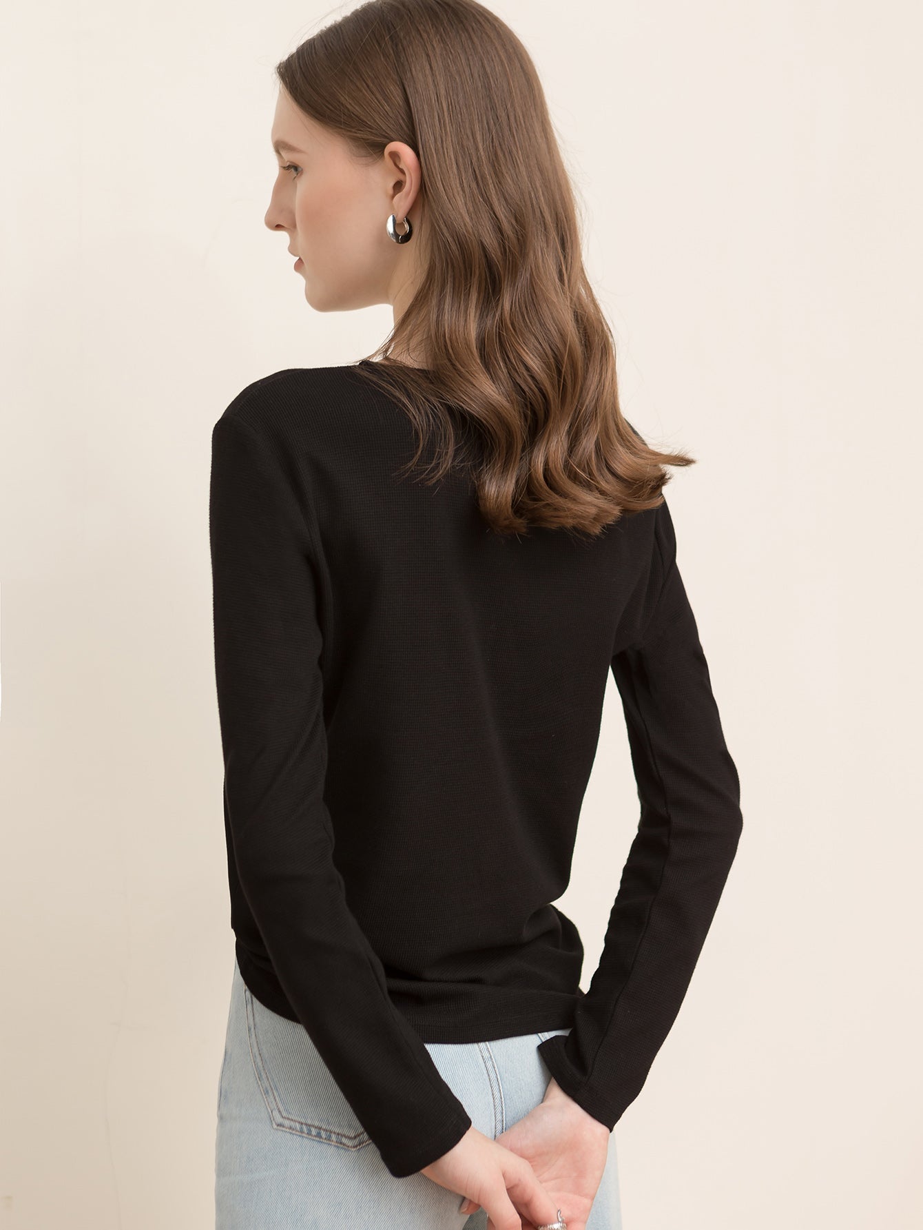 Round neck zipper solid color long-sleeved loose crop top