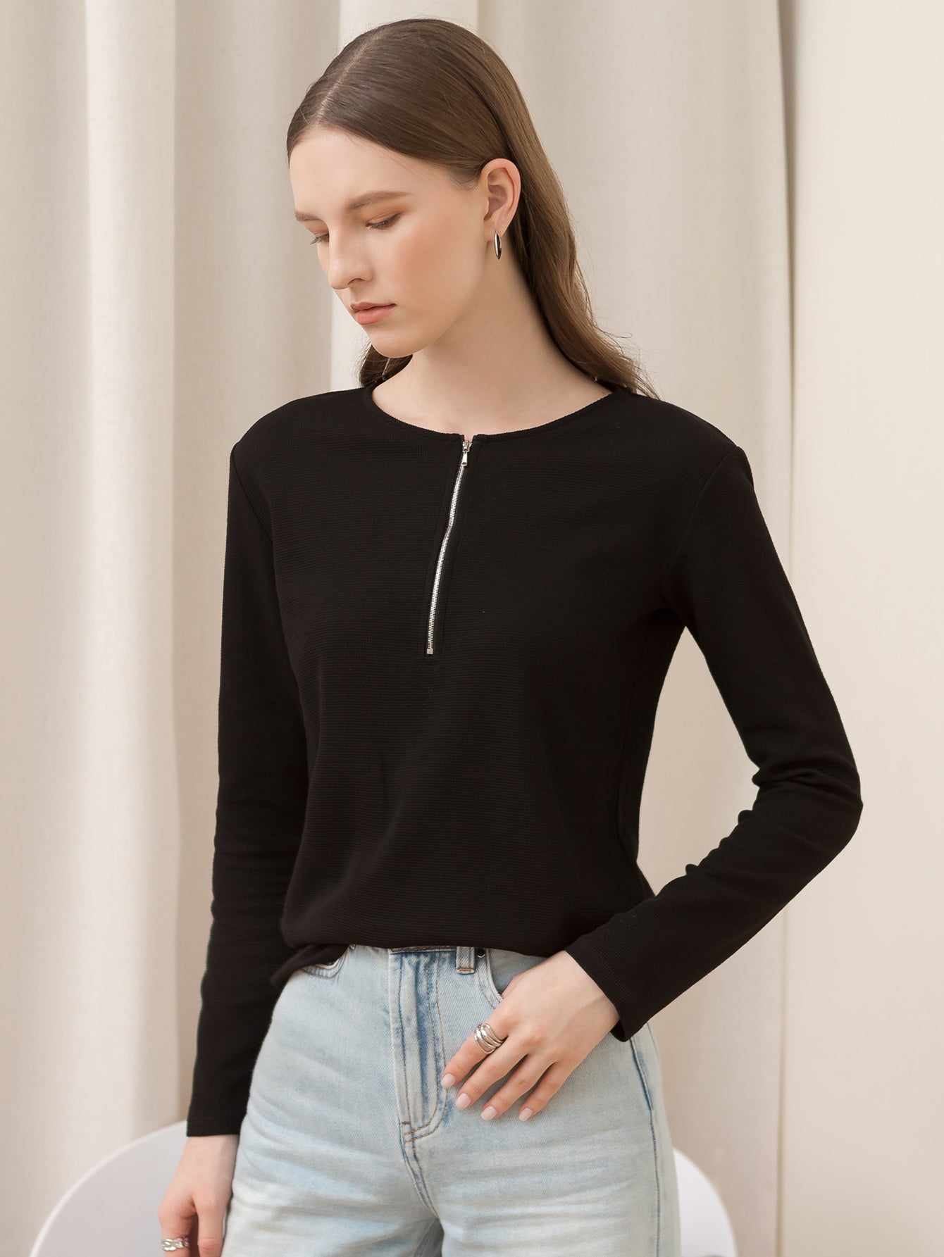 Round neck zipper solid color long-sleeved loose crop top