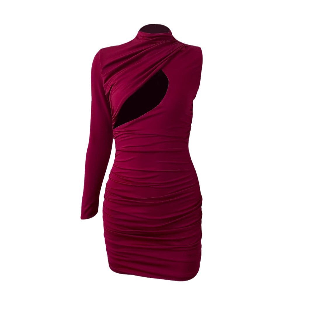 Round Neck Long Sleeved Dress Fall Cutout Pleated Hip