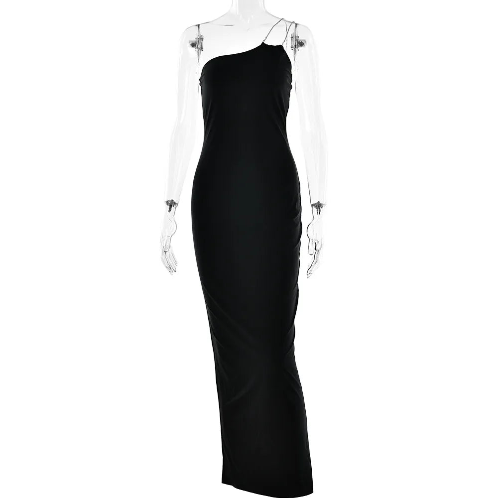 One Shoulder Rhinestone Strap Ruched Mermaid Maxi Dress