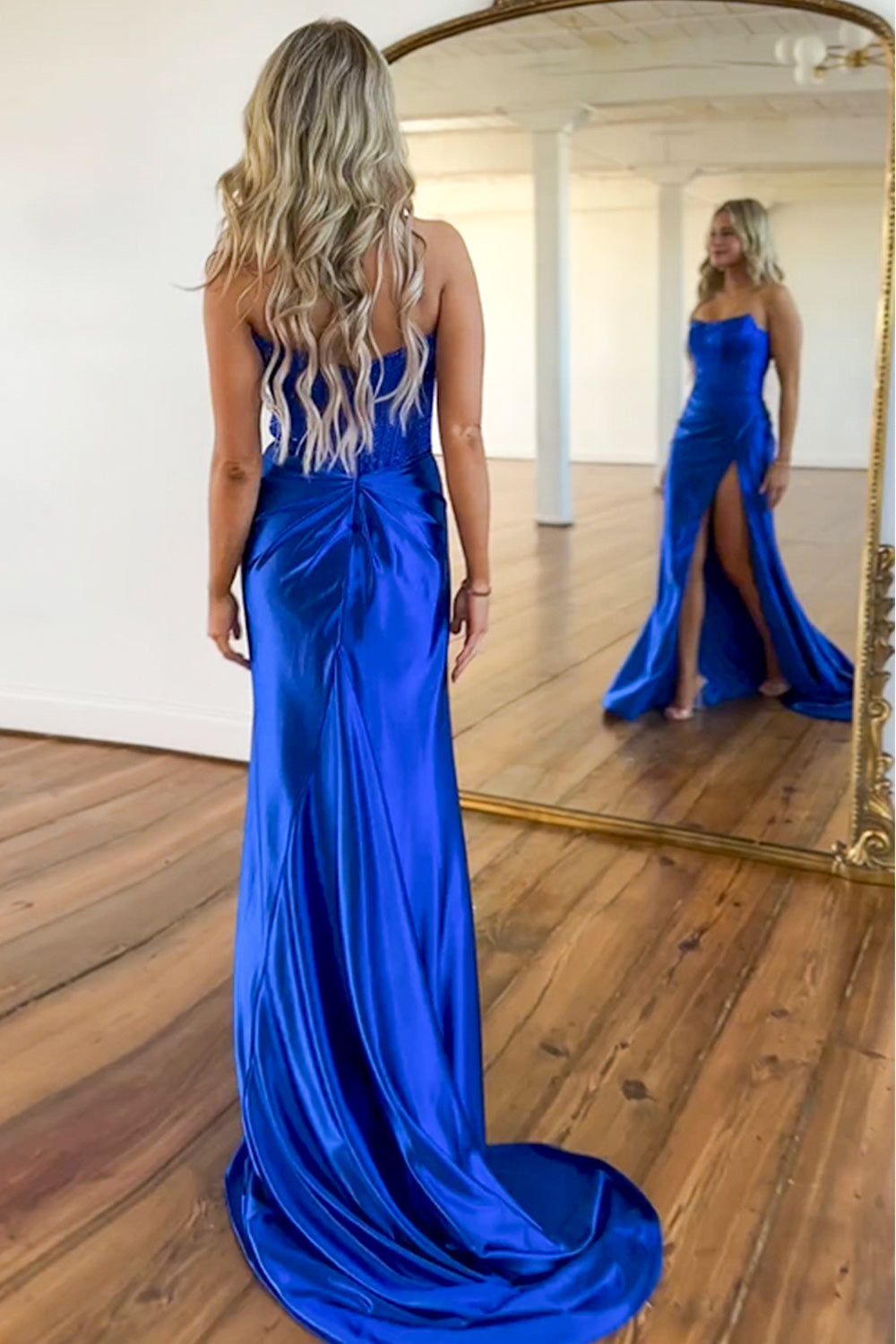 Royal Blue Mermaid Strapless Beaded Top Long Satin Prom Dress
