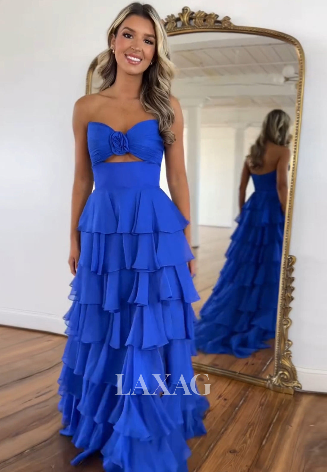 Sweetheart Off-Shoulder Sleeveless Pleated Tiered Sweep Train A-Line Formal Prom Dress with Slit