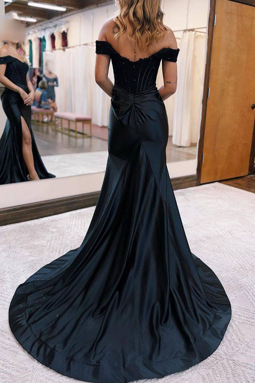 Mermaid Off The Shoulder Sweep Train Long Satin Prom Dress With Slit