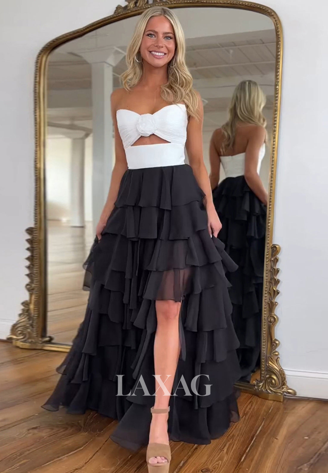 Sweetheart Off-Shoulder Sleeveless Pleated Tiered Sweep Train A-Line Formal Prom Dress with Slit
