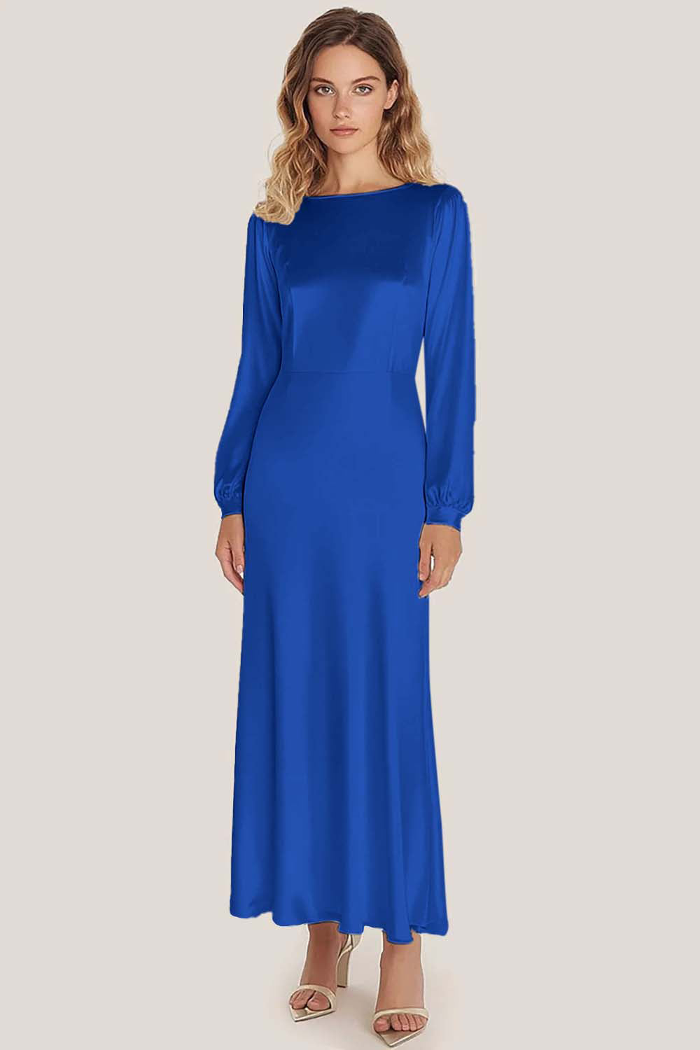 Ivory Satin Scoop Neck A-Line Ankle Length Formal Dress with Long Sleeves
