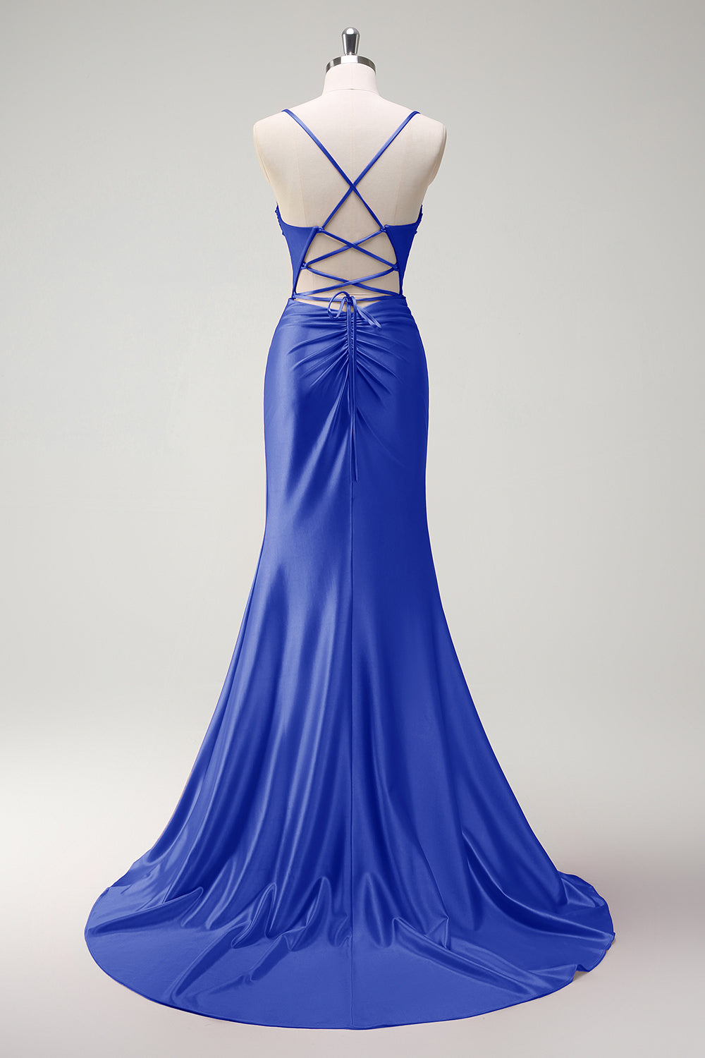 Sparkly Fuchsia Mermaid Spaghetti Straps Beaded Corset Satin Long Prom Dress with Slit