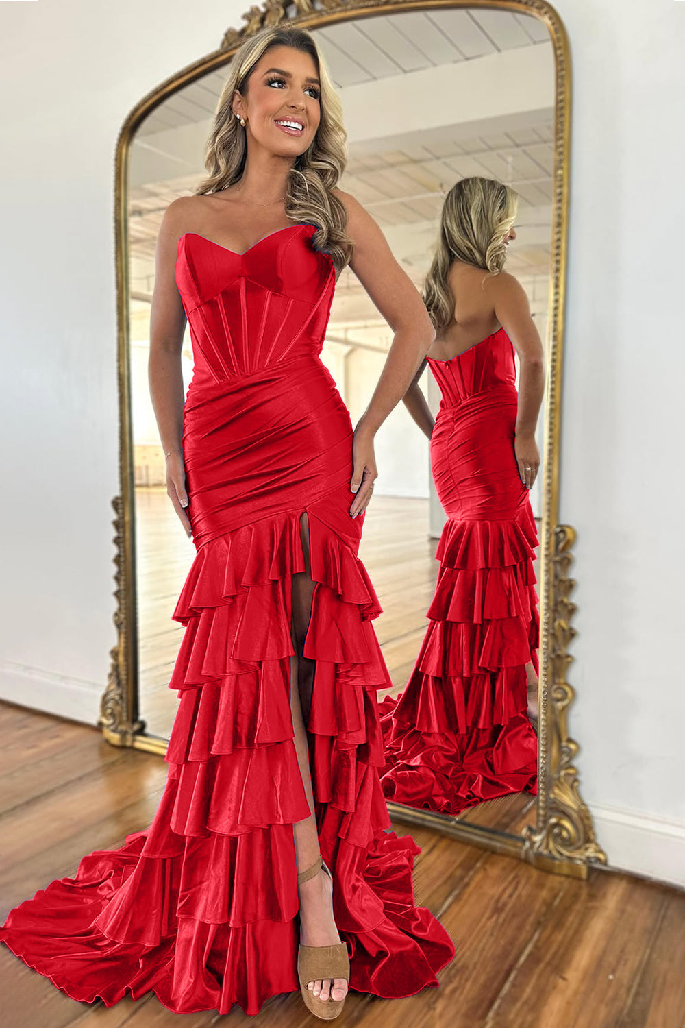 Royal Blue Mermaid Strapless Long Ruffle Satin Prom Dress with Slit