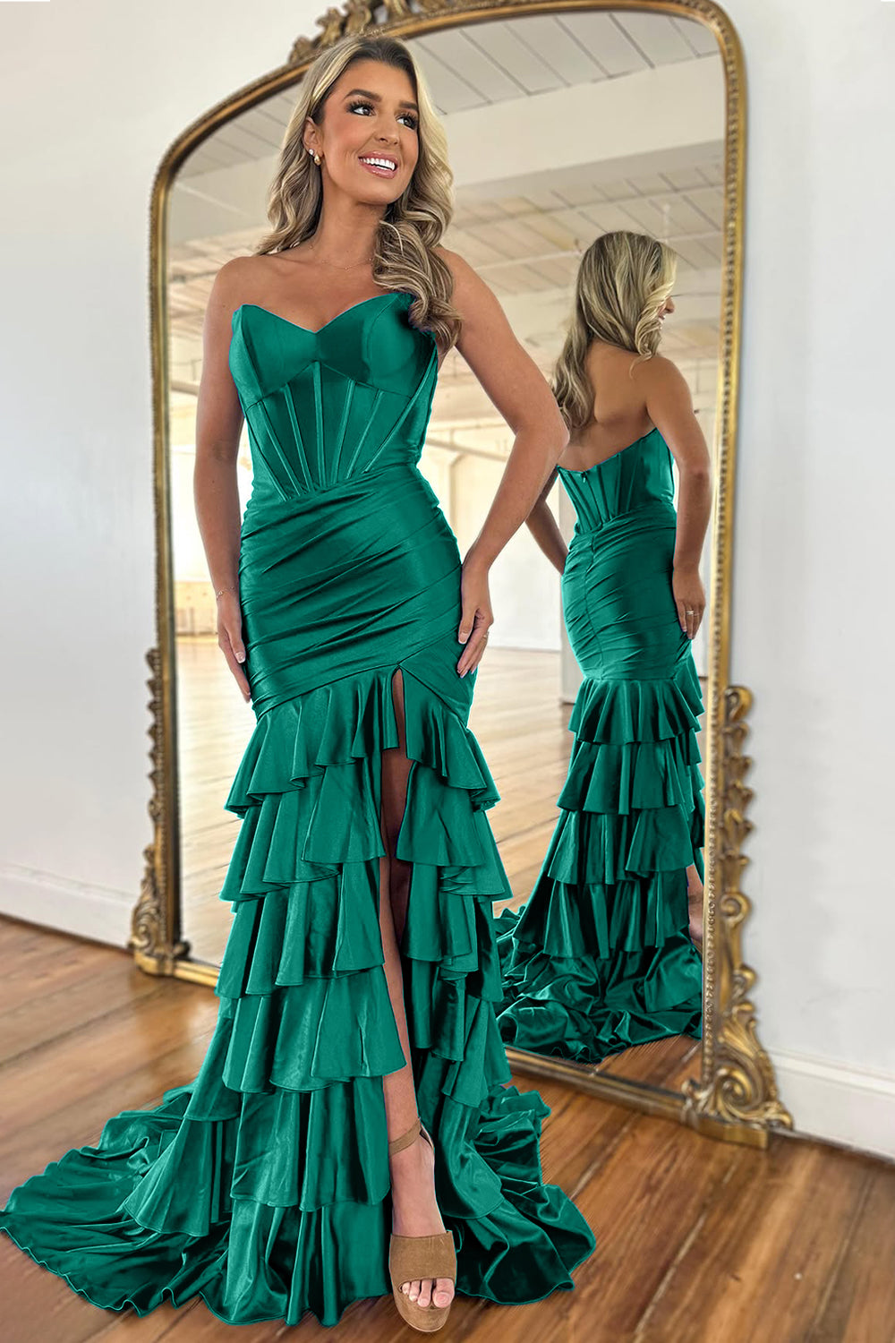 Royal Blue Mermaid Strapless Long Ruffle Satin Prom Dress with Slit