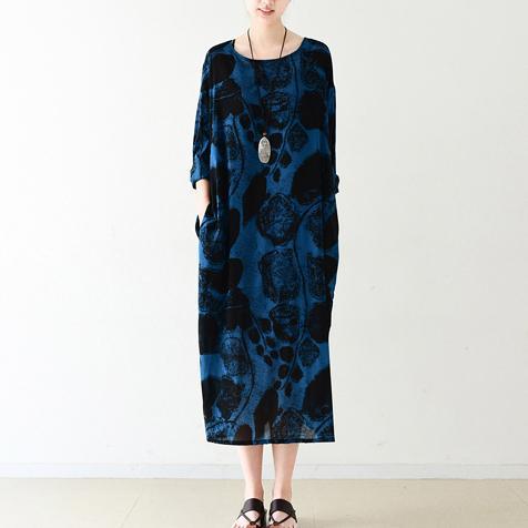 Abstract Marble Print Crew Neck Three Quarter Sleeve Pocket Oversized Midi Dress
