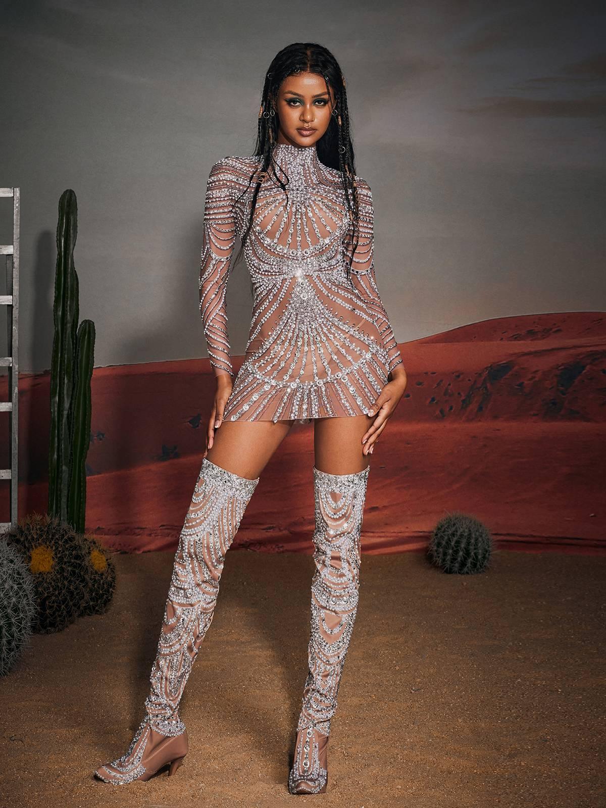 Mock Neck Long Sleeve Rhinestone Embellished Sheer Mesh Mini Dress