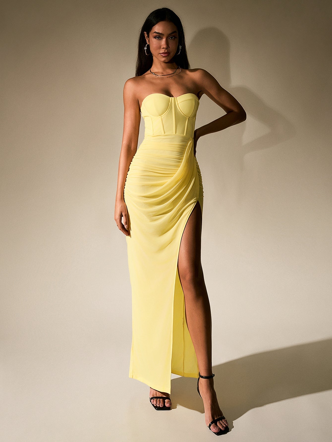 Ruched Corset Split Hem Mesh Tube Dress - View 14