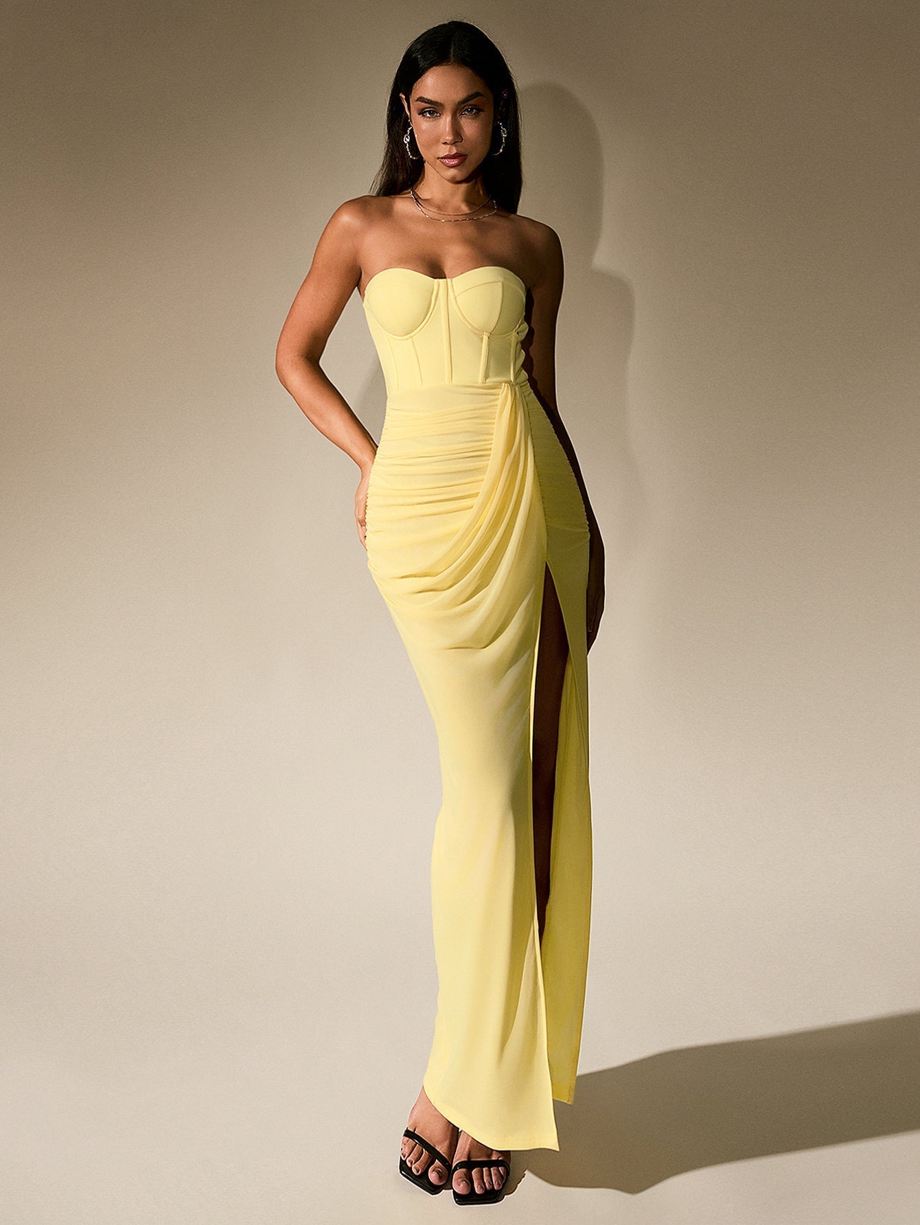 Ruched Corset Split Hem Mesh Tube Dress - View 12