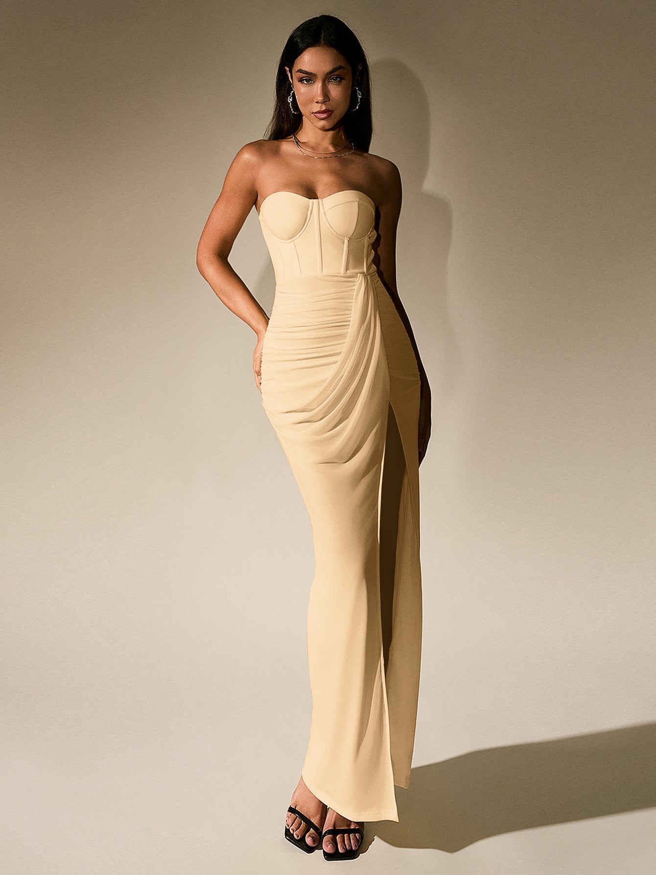 Ruched Corset Split Hem Mesh Tube Dress - View 18