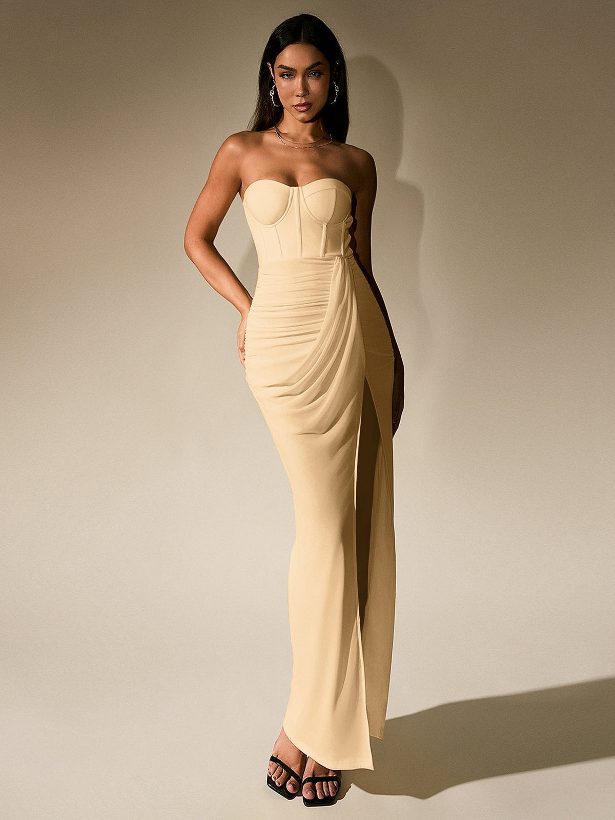 Strapless Corset Bodice Ruched Mesh High Split Maxi Dress 18