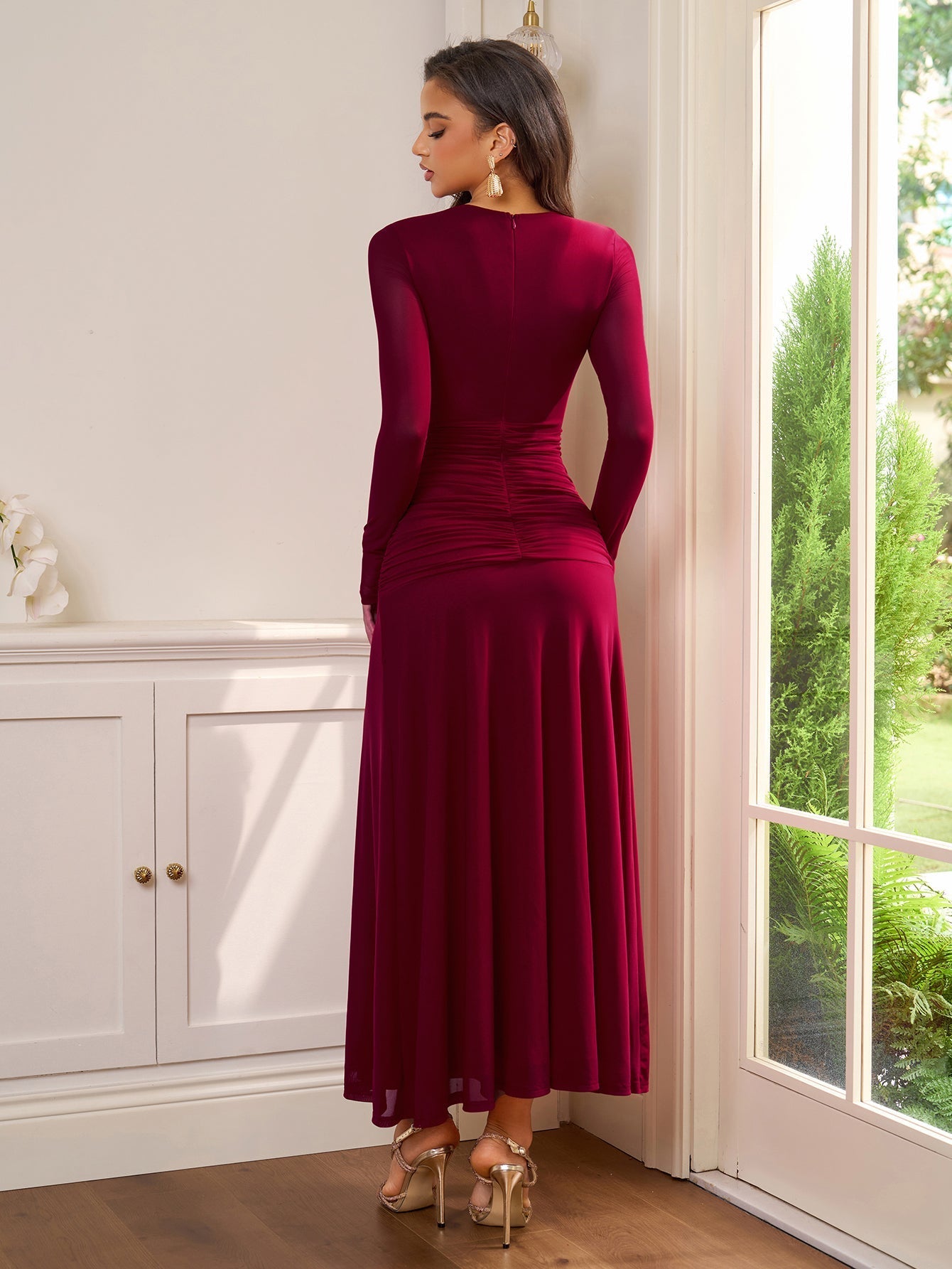 Ruched Crisscross Waist Split Thigh Mesh Dress - View 2