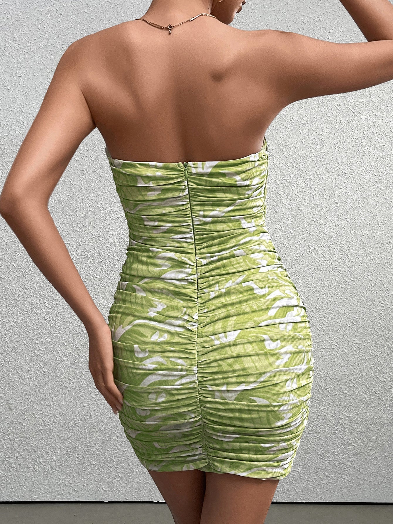Marble Print Strapless Ruched Bodycon Mini Dress