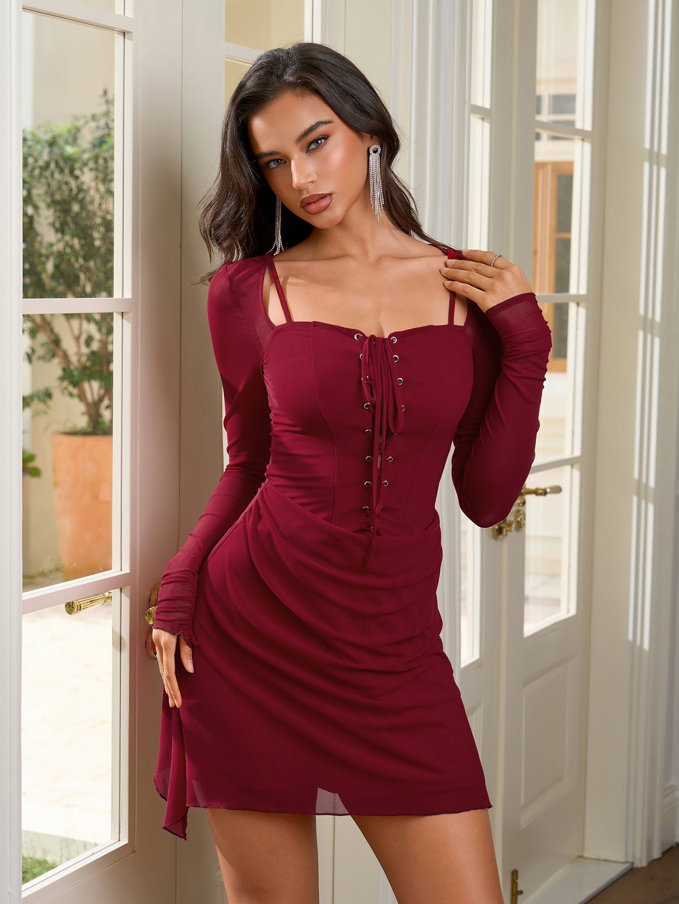 Lace Up Long Sleeve Ruched Asymmetric Hem Bodycon Mini Dress