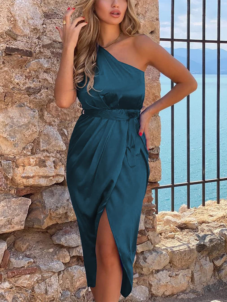 Satin One Shoulder Ruched Wrap Belted Midi Dress