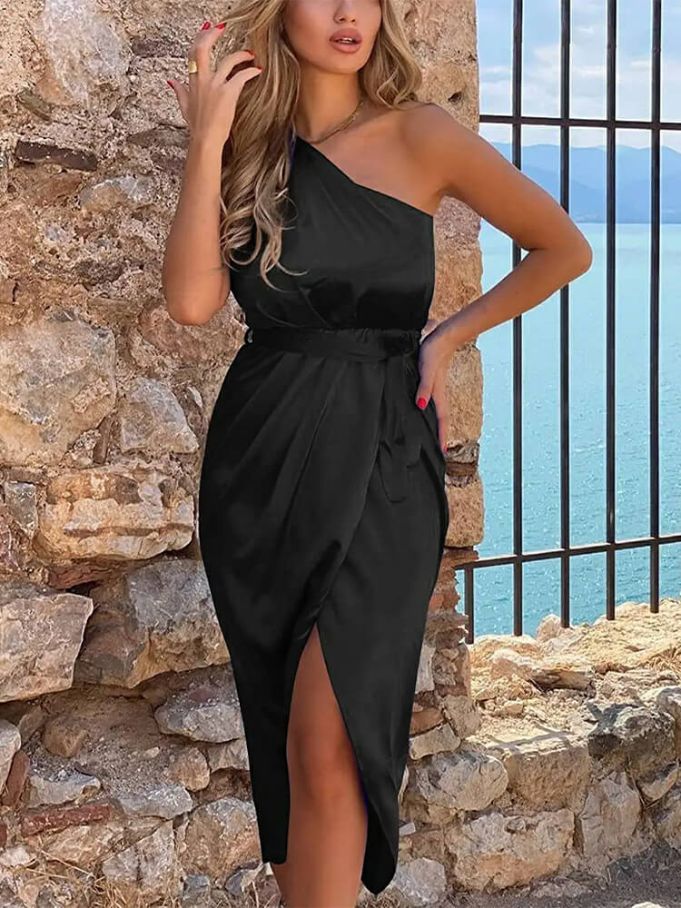 Satin One Shoulder Ruched Wrap Belted Midi Dress