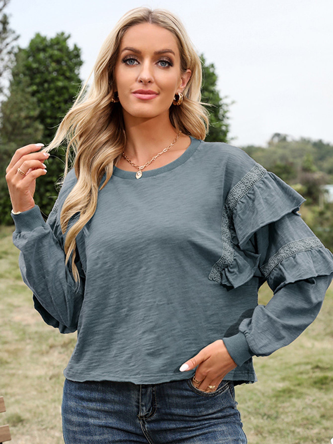 Ruffle Sleeve Cotton Tee Top