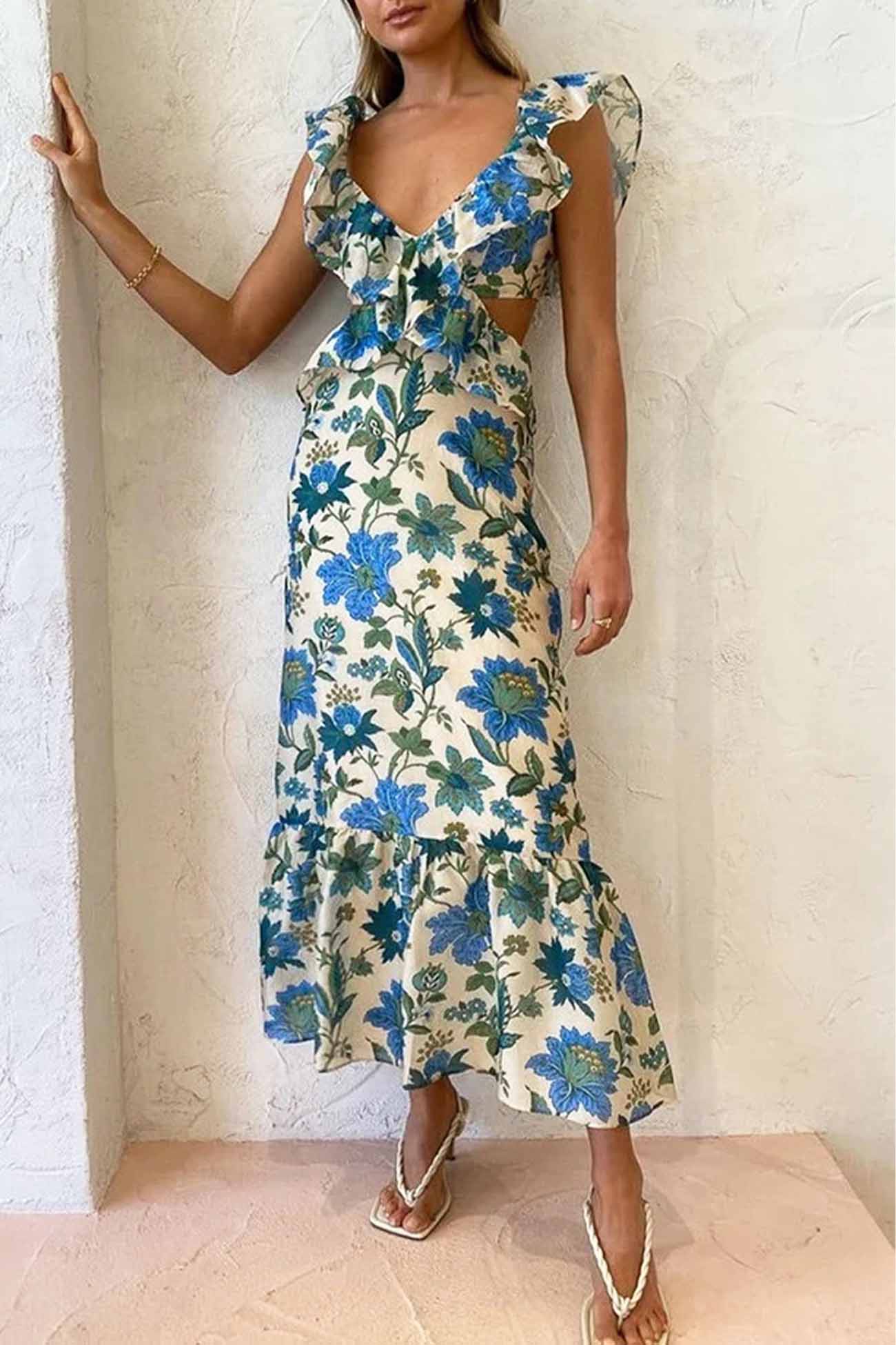 Floral Print Ruffle Cut Out Waist Fishtail Maxi Dress