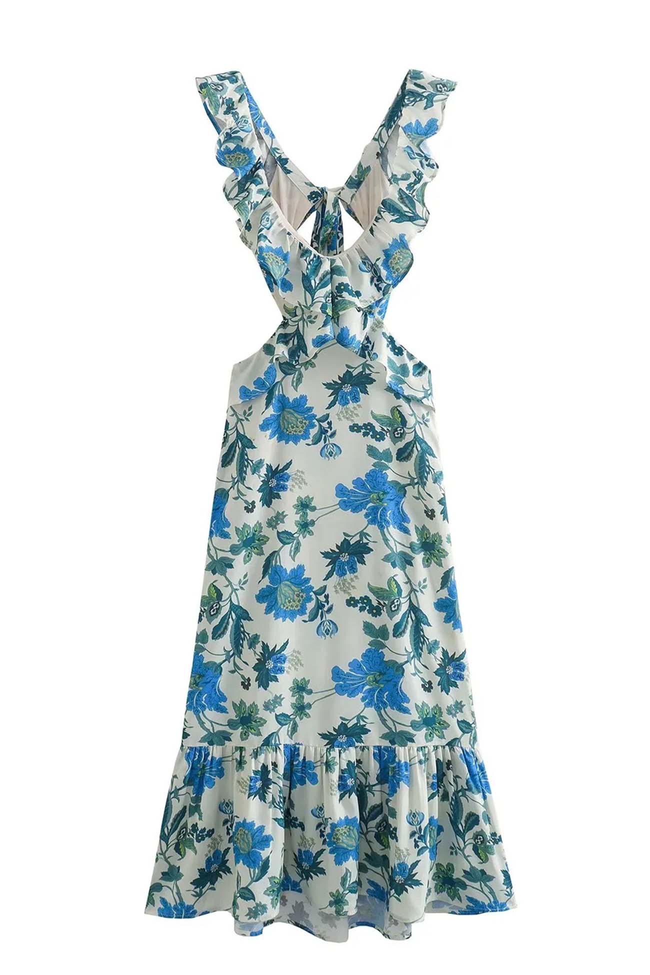 Floral Print Ruffle Cut Out Waist Fishtail Maxi Dress