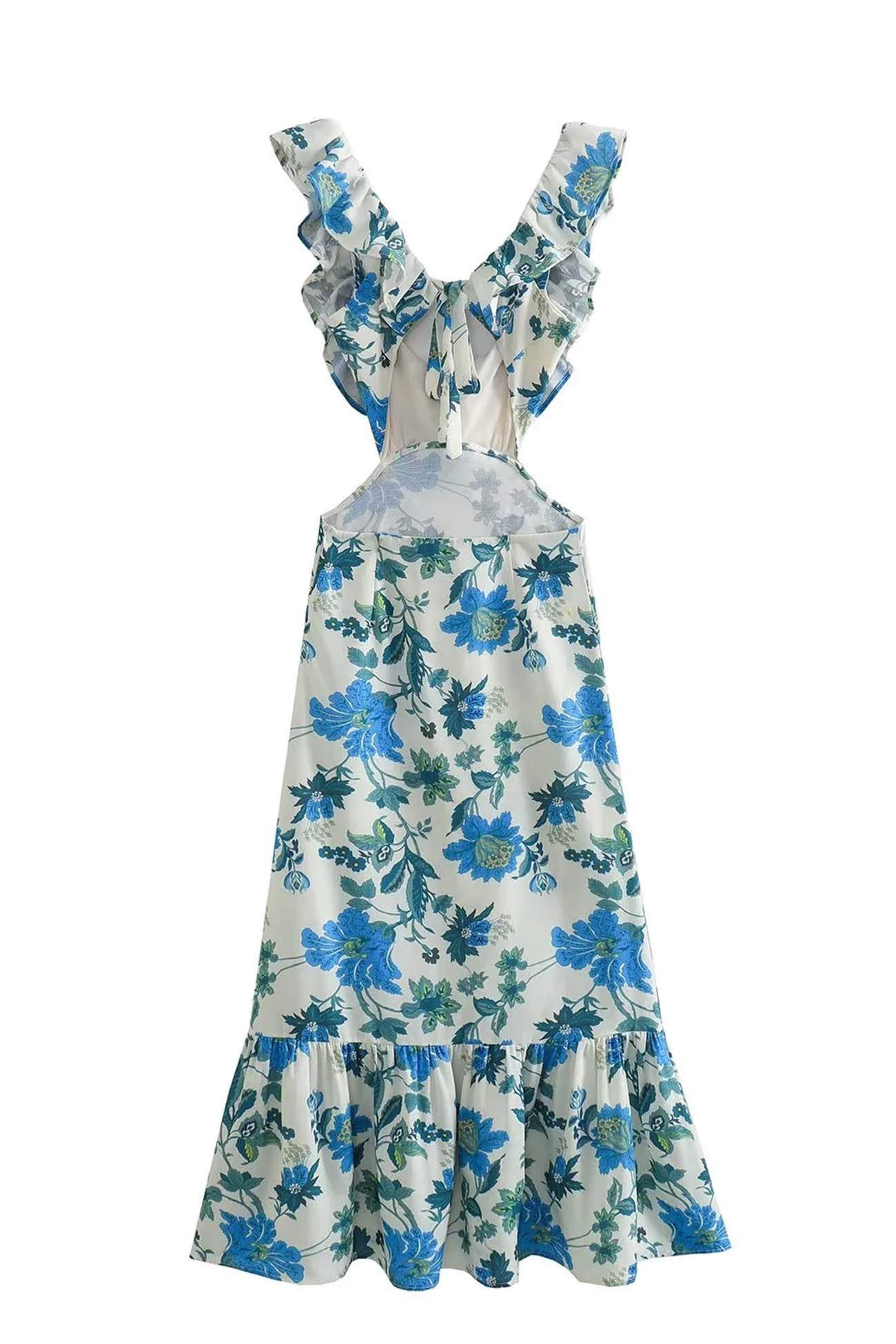 Floral Print Ruffle Cut Out Waist Fishtail Maxi Dress