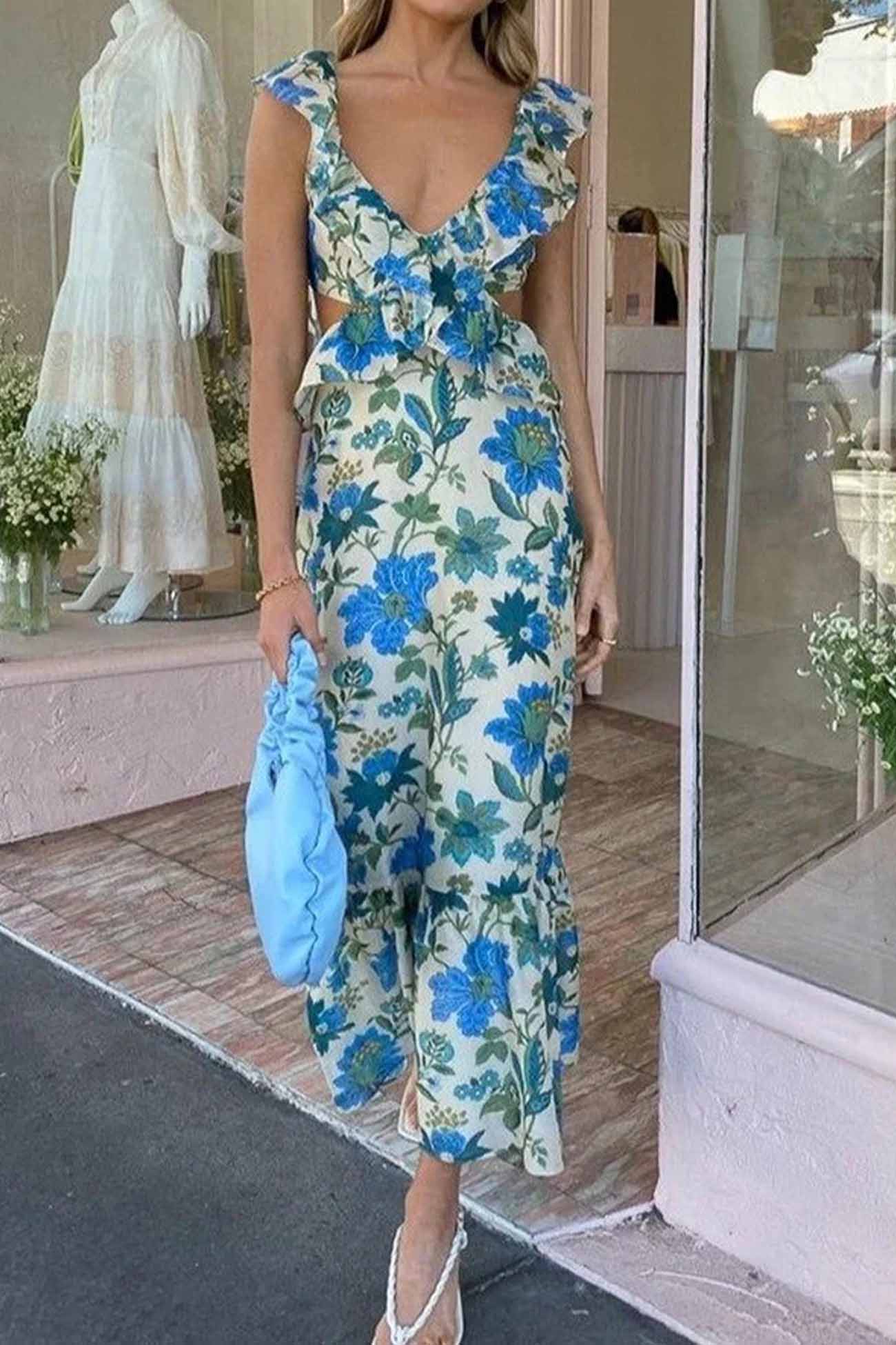 Floral Print Ruffle Cut Out Waist Fishtail Maxi Dress