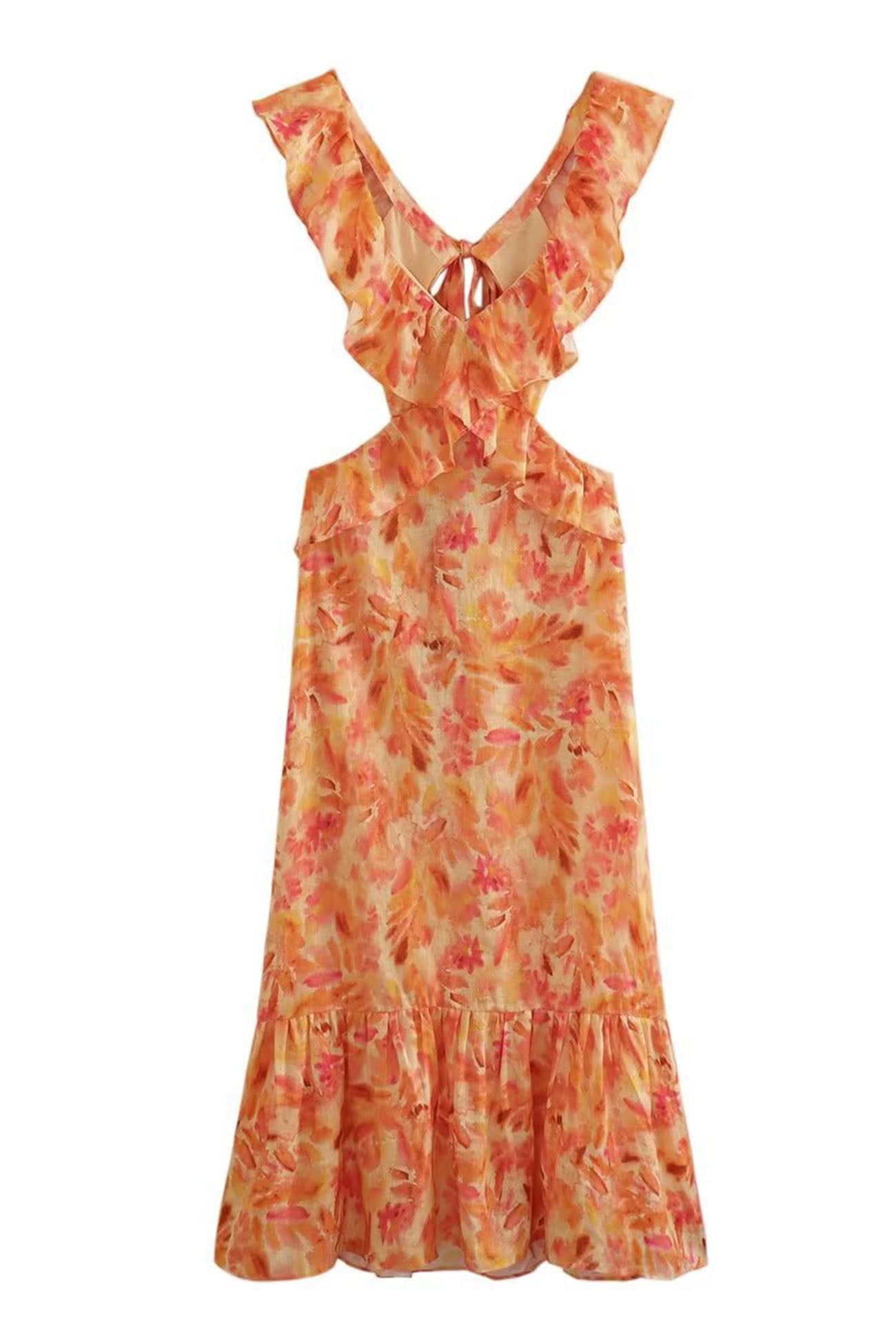 Floral Print Ruffle Cut Out Waist Fishtail Maxi Dress